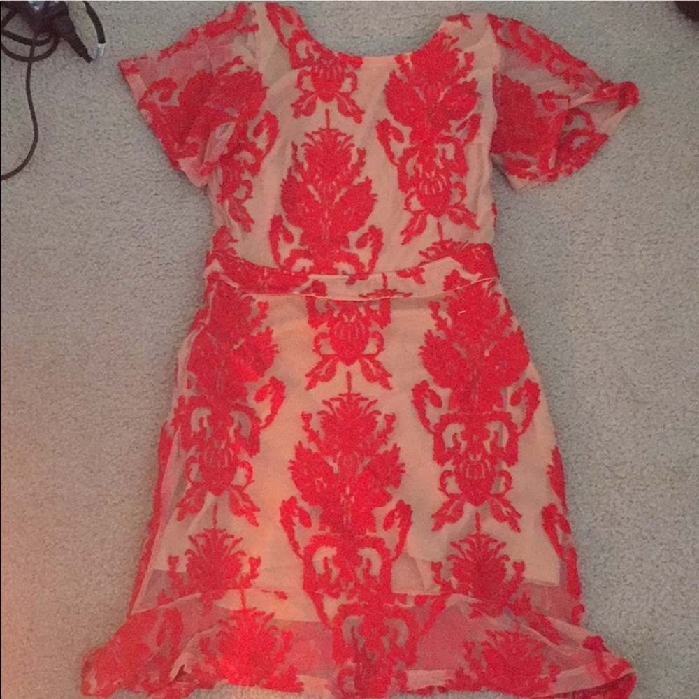 Embroidered lace red and nude dress